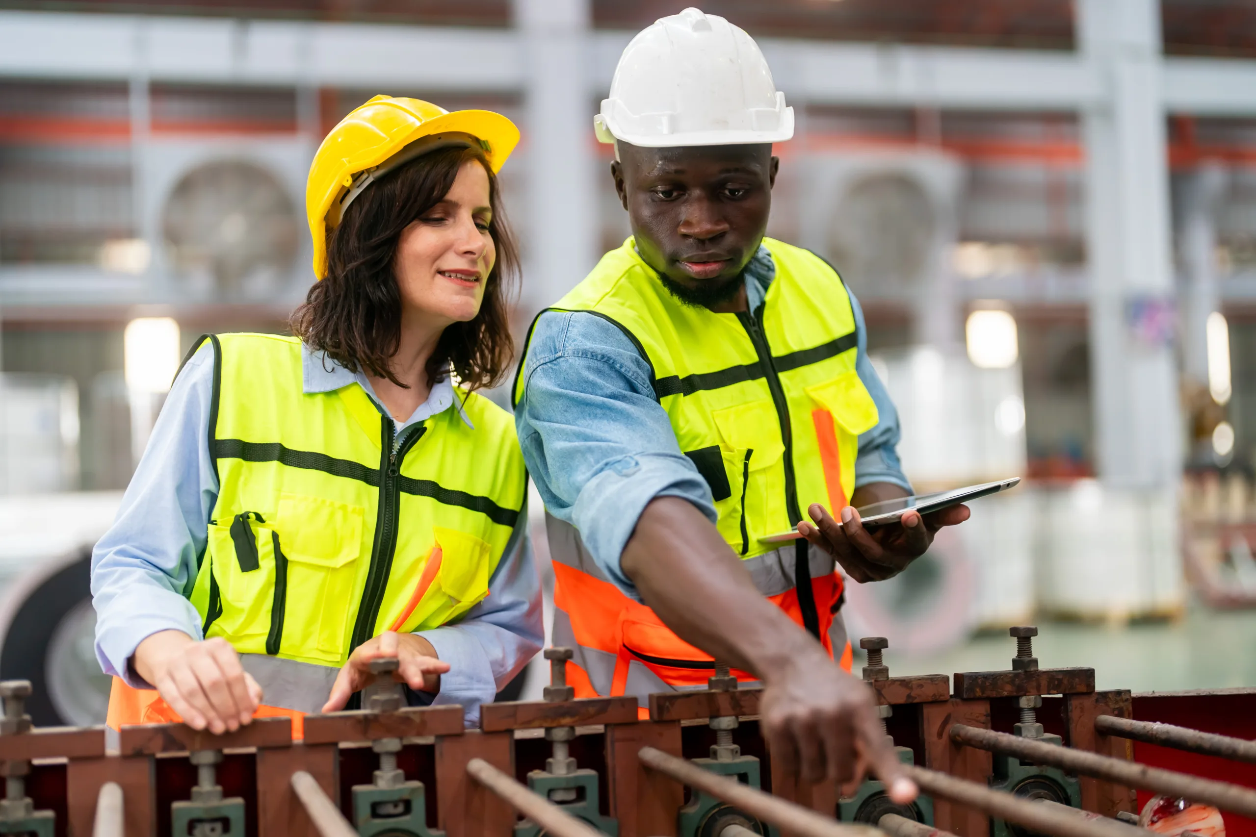 Two highly professional technicians wearing overalls and hardhats walking along production department of modern plant and discussing ideas concerning their joint work